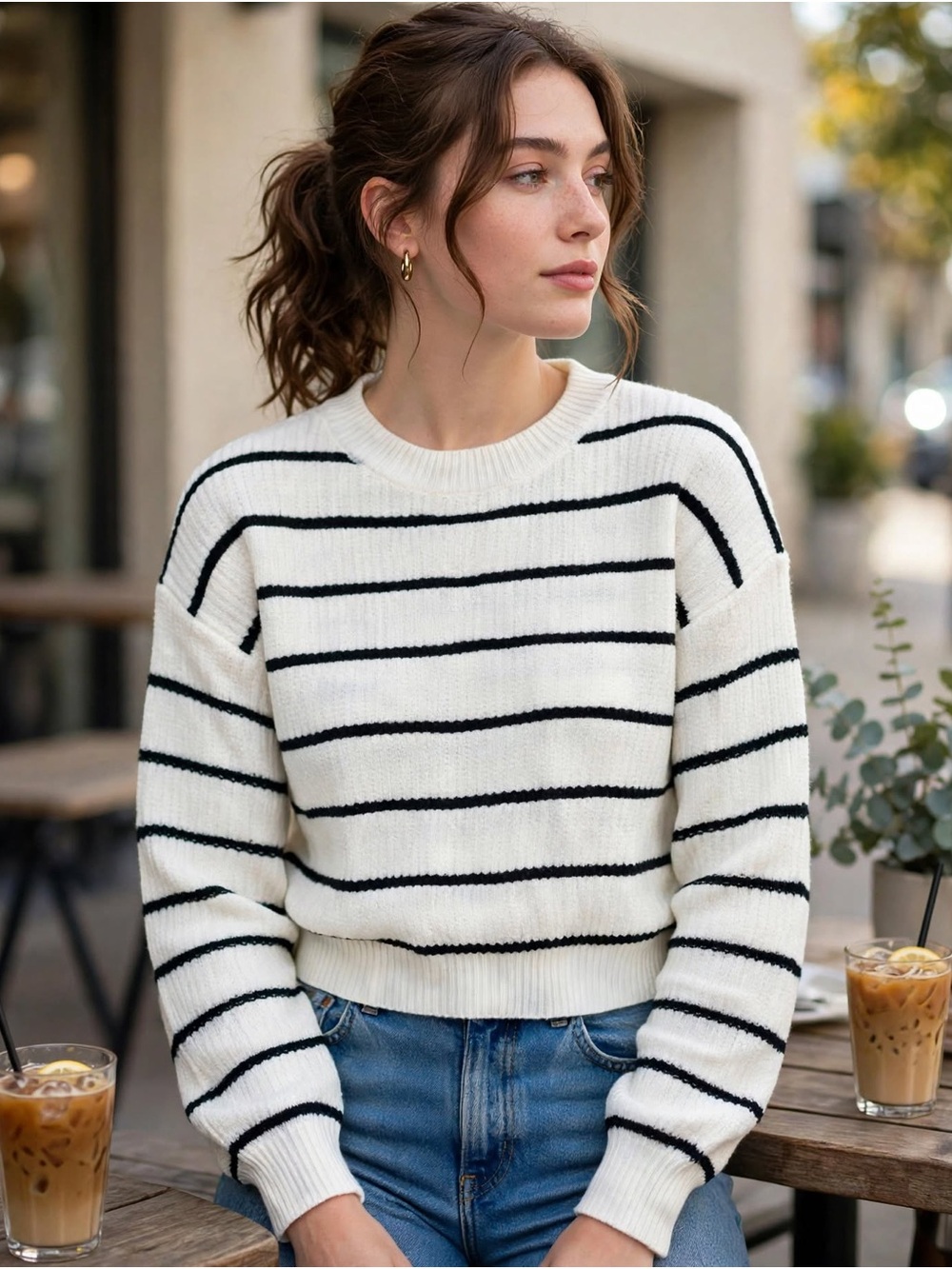 Cider Cream Crewneck Sweater with Black Stripes